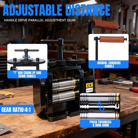 Manual Jewelry Rolling Mill Machine With 90mm Flat Rollers And 4 To 1 Gear Ratio For DIY Jewelry Making And Metalworking, showing manual crank handle and gear ratio labels, 0.1-4mm adjustable thickness.