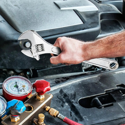 Four Piece Adjustable Crescent Wrench Set With 6 8 10 12 Inch Wrenches Made From CRV Steel, Heat Treated And Chrome Plated in use