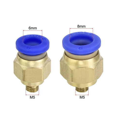 Two brass quick fittings with blue caps, 6mm and 8mm sizes, both with M5 threads, for pneumatic systems.