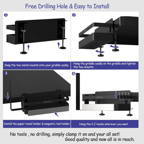 Installation steps for Upgraded Griddle Caddy For Blackstone 28 And 36 Inch Griddles And Weber Grills showing clamp and holder setup.