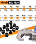 14 Die Set for Built Like A Tank 15 Ton Hydraulic Crimping Tool showing sizing from 9 AWG to 800 MCM for professional use.