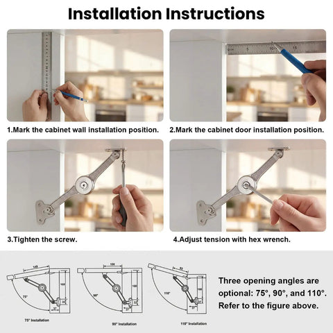 Installation instructions for 2 Pack Adjustable Lid Support Hinges for Wooden Toy Boxes and Small Storage Cabinets with Soft Close