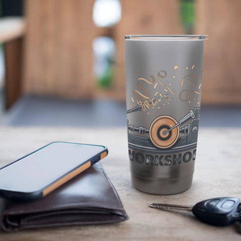 Front view of a tall stainless steel insulated tumbler with a woodworking workshop graphic.