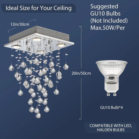 Dope Chrome Modern Crystal Raindrop Chandelier Flush Mount LED Ceiling Light Fixture, 12 inch wide, 20 inch high