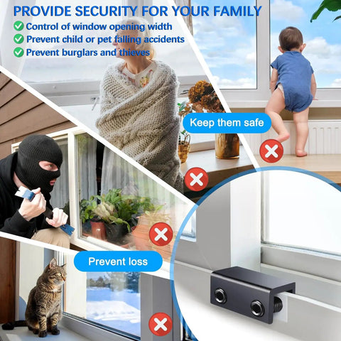 Lock Up Your Spot Tight With These Heavy Duty Black Window Locks 4 Pack Adjustable Sliding Door Security Stops With Keys, showing various security uses.