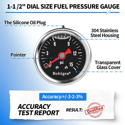 Dead Nuts Accurate Fuel Pressure Gauge Kit 0 To 15 Psi Glycerin Filled Dial with 1/8 Npt Thread and stainless steel housing.