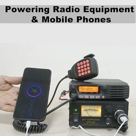 Beefy 13.8V 30A Ham Radio Power Supply With AC To DC Conversion, charging phone and powering ham radio, front cigarette socket visible