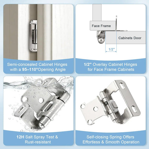 Premium Half Inch Overlay Cabinet Hinges Featuring Seamless Self Closing Action Flat Out Quality Brushed Nickel Hardware for Face Frame Doors, 1/2" overlay design.