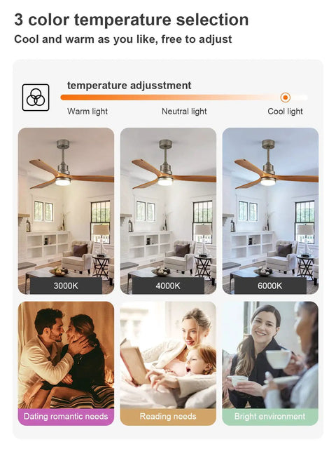 52 Inch Ceiling Fan With Light And Remote Control showing 3 color temperature settings in a living room with wood farmhouse style blades.