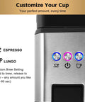 Close-up of control panel on Single Serve Espresso Machine for Nespresso Pods Compatible with Original and Other Brands, Adjustable Brew Size.