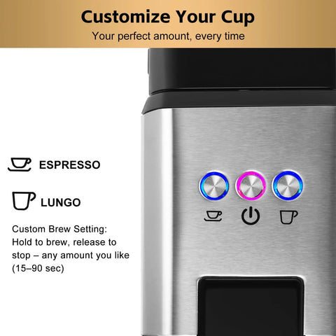 Close-up of control panel on Single Serve Espresso Machine for Nespresso Pods Compatible with Original and Other Brands, Adjustable Brew Size.