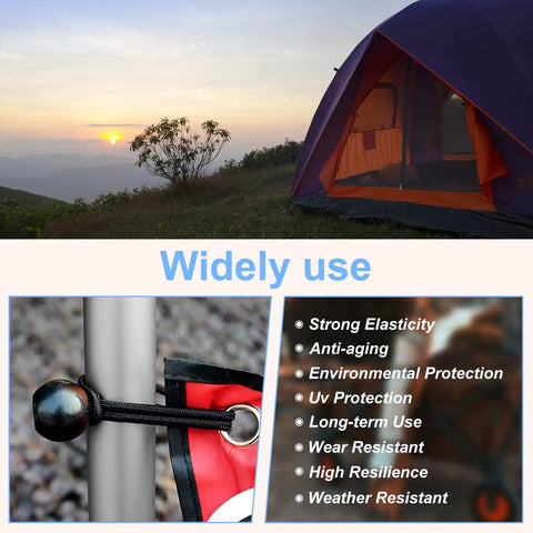 Camping scene with tent and Heavy Duty Ball Bungee Cords Set With 30 Pieces In 3 Sizes 6 Inch 9 Inch And 11 Inch Ball Bungee Balls