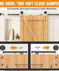 Wooden barn door with soft close mechanism and sliding track system, featuring heavy-duty construction for 88 to 132 lb doors.