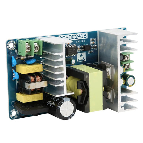 Industrial 150W 24V DC Switching Power Supply Module 100-240V AC To 24V DC 6A-9A, SMPS Board With Overcurrent And Short-Circuit Protection, Heat Sink, Reliable For Industrial Equipment. Front view of 115 mm x 65 mm module with heatsinks