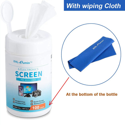 Premoistened Screen Cleaning Wipes For Electronics And Devices canister with microfiber cloth for smudge removal, 100 count