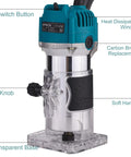 Heavy Duty 800W Wood Router Paired With A Rock Solid 15 Piece Tungsten Carbide Bit Set And Quick Change Quarter Inch Collet features lift knob and transparent base.
