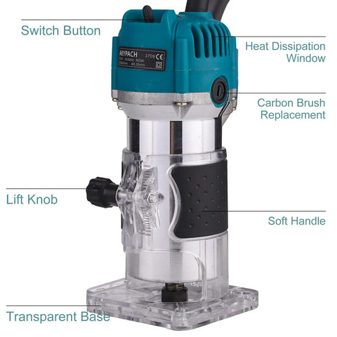 Heavy Duty 800W Wood Router Paired With A Rock Solid 15 Piece Tungsten Carbide Bit Set And Quick Change Quarter Inch Collet features lift knob and transparent base.