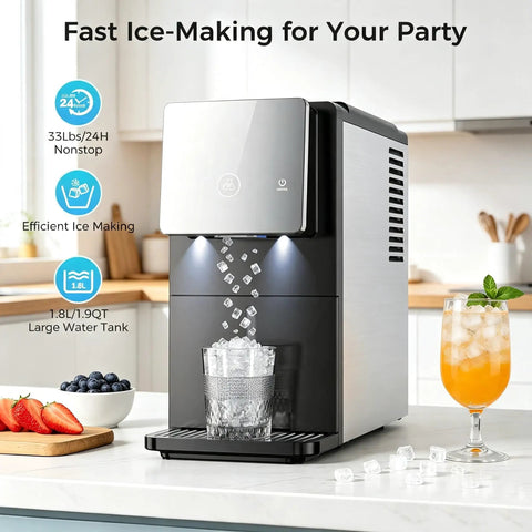 Smooth Operator Countertop Nugget Ice Maker With Snap Pour Auto Dispenser 33 Lbs in modern kitchen with ice in glass.