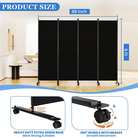 Six Foot Folding Privacy Screen With Lockable Wheels, 4-Panel Room Divider For Home, Dorm, Studio, And Office, 88 Inch Wide