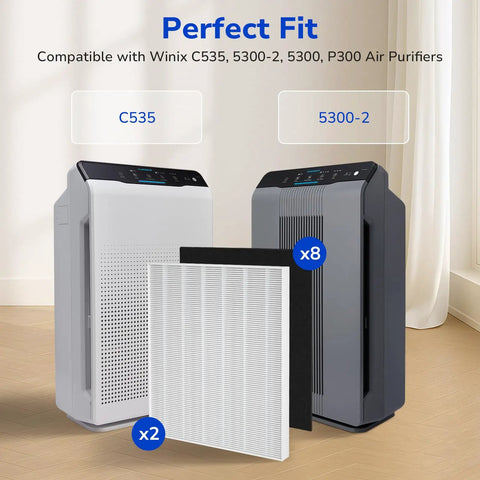 Replacement Filter A For Winix PlasmaWave Air Purifiers C535 5300 5300-2 with 2 HEPA and 8 activated carbon filters displayed with purifiers