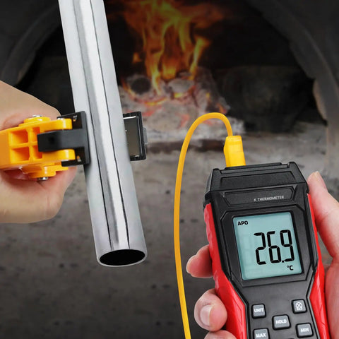 Type K Thermocouple Thermometer Kit With HVAC Clamp Meter Digital 1 Channel K Type Temperature Gauge Wide Range From -328 To 2501 Fahrenheit Includes Two Thermocouples Lead Probes And Pipe Clamp, pipe temperature test