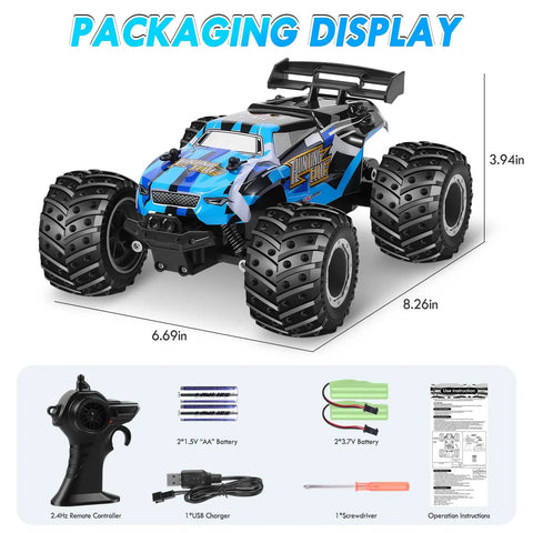 All Terrain 2.4GHz RC Monster Truck With LED Body Lights 20 Kmh Speed Dual Rechargeable Batteries packaging display