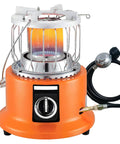 Go To All In One Propane Heater And Stove Portable With 6 Ft Regulating Valve, orange design, metal grill, suitable for indoor use