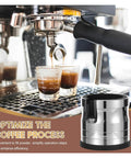 Heavy Duty Stainless Steel Espresso Tamping Station And 58mm Portafilter Holder With Adjustable Screw used during espresso preparation.