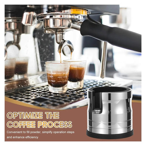 Heavy Duty Stainless Steel Espresso Tamping Station And 58mm Portafilter Holder With Adjustable Screw used during espresso preparation.