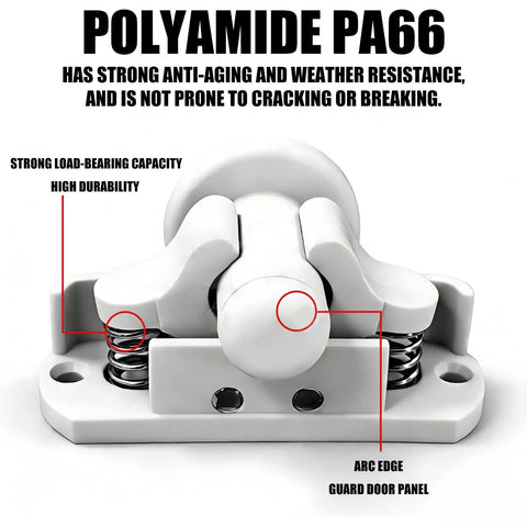 Durable Nylon Door Retainer Catch Clips For Caravans And Motorhomes, detailed view showing strong PA66 material with springs.