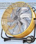 Heavy Duty 220V Cylindrical Floor Fan With Adjustable Tilt And Rolling Casters For Factory Ventilation And Refrigeration Cooling Rock Solid Steel Build Legit Industrial Beast 90 Cm Blade Diameter close-up of large angled fan blades design.
