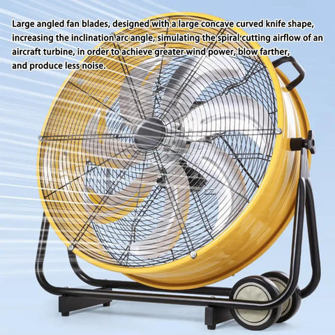 Heavy Duty 220V Cylindrical Floor Fan With Adjustable Tilt And Rolling Casters For Factory Ventilation And Refrigeration Cooling Rock Solid Steel Build Legit Industrial Beast 90 Cm Blade Diameter close-up of large angled fan blades design.
