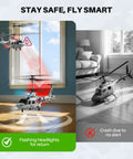 Rescue RC Helicopter for Beginners, aerial view with flashing headlights for safe return, indoors by window