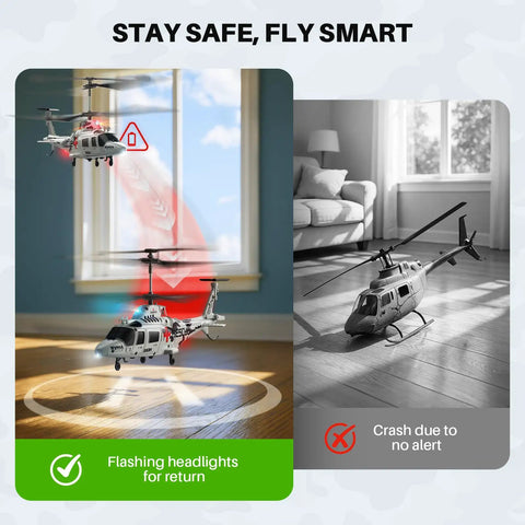 Rescue RC Helicopter for Beginners, aerial view with flashing headlights for safe return, indoors by window