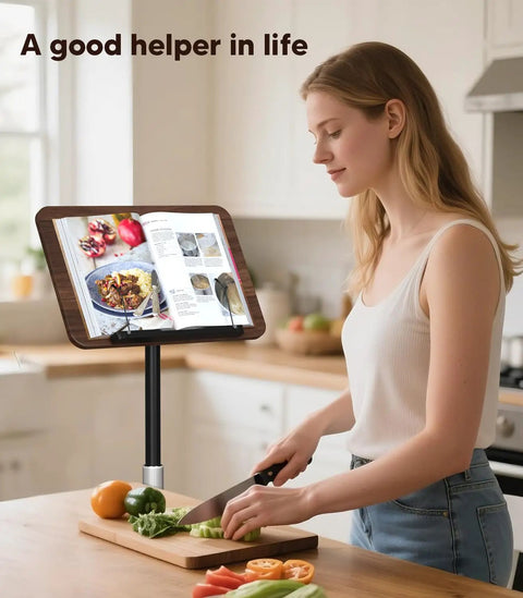 Woman using All In One Floor And Desktop Wooden Book And Music Stand That Do It All With Solid Wood Build Adjustable Height in kitchen