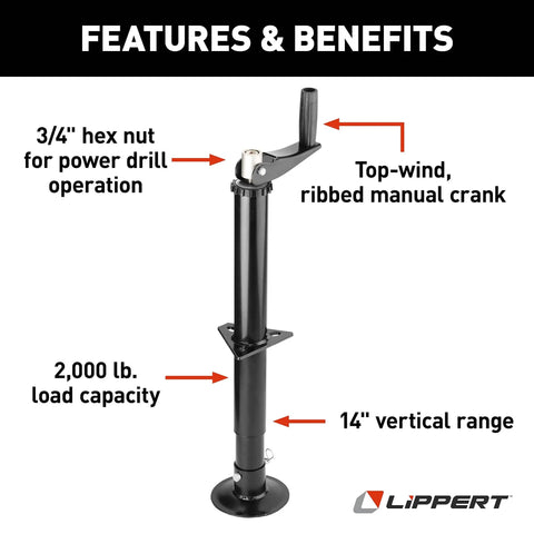 Quick Drop Tongue Jack For A-Frame Trailers, Cargo And Utility Trailers, And 5th Wheel RVs, Power Or Manual Operation shown with features
