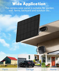 4 Pack 6W Solar Panel For Blink Cameras mounted outdoors on building with imagery of farm, garage, and home applications.