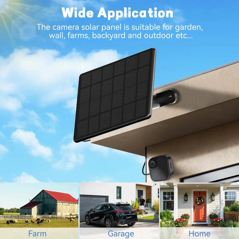 4 Pack 6W Solar Panel For Blink Cameras mounted outdoors on building with imagery of farm, garage, and home applications.