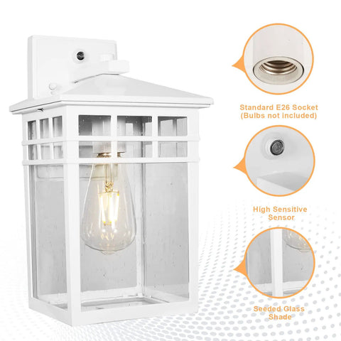Auto On Outdoor Wall Lantern With Dusk To Dawn Sensor Seeded Glass Sconce for Front Porch with white finish and durable materials.