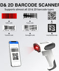 1D and 2D barcode scanner demonstrating wireless scanning with smartphone. Various barcode types shown as examples.