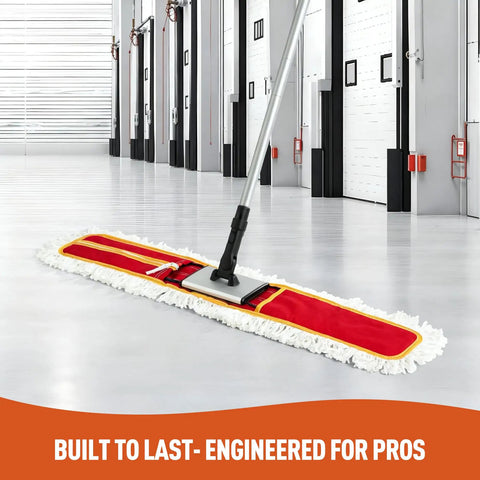 Make Spotless Floors A Snap With This 36 Inch Commercial Dust Mop Boasting A Thick Microfiber Head For Zero Hassle Tile And Hardwood Sweeping And Wet Mopping In Red on a smooth floor.