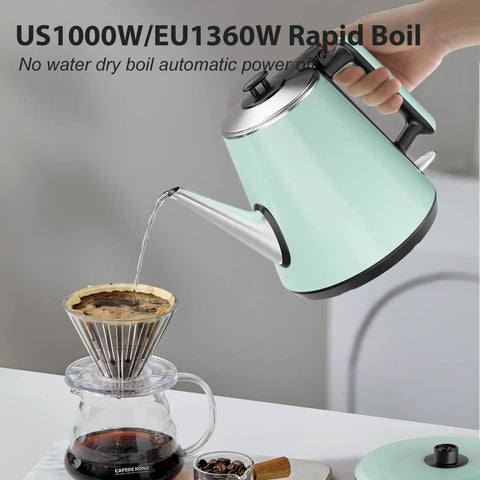 0.9L Electric Kettle With 304 Stainless Steel Interior, 1000W Fast Boil In 4 To 6 Minutes, shown in mint green pouring water into a dripper