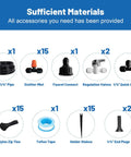 Components of Easy Setup Quick Connect Micro Misting Kit For Garden Irrigation, 60 Feet Of One Half Inch And One Quarter Inch Lines