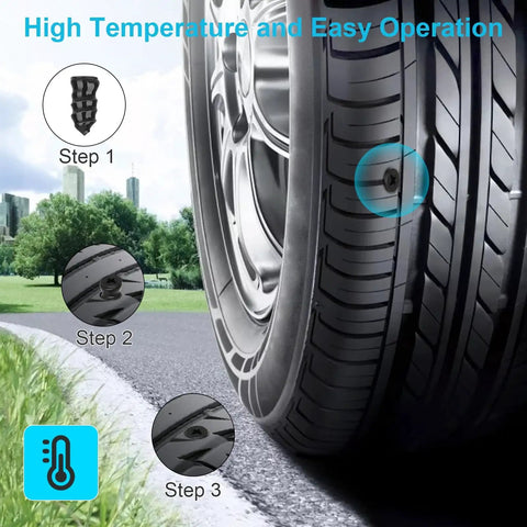 Close-up of tire being repaired using 60Pcs Tire Plug Kit With Vacuum Repair Screws And Rubber Nails Fast DIY Patch Kit For Car