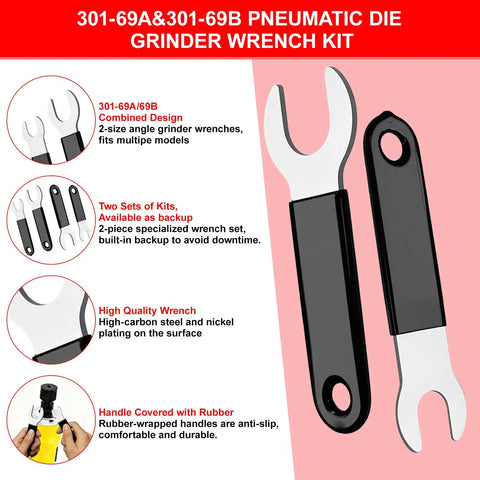 Heavy Duty 4 Piece Pneumatic Die Grinder Wrench Set Featuring Two 0.45 Inch And Two 0.7 Inch Open End Wrenches For M2 301 308 Air Grinders Built Tough For Real Shop Grind And No Fuss Fixes, showing combined wrench design.