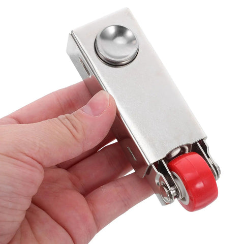 Heavy Duty Sliding Door Wheel With Anti Droop Roller And Mounting Hardware For Smooth Track Mobility and wear resistant cabinet, hand held closeup.