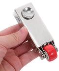 Heavy Duty Sliding Door Rollers Built Tough With Shock Absorbing Steel Wheels That Roll Smooth As Butter For Patio Tracks Cabinet Doors And Garden Furniture in hand, showing steel body and red wheel.