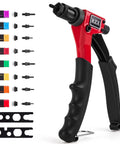 8 Inch Rivet Nut Gun With Nut Setting System For M3 M4 M5 M6 And Threads One Quarter Twenty M10 24 Eight Thirty Two Six Thirty Two Hand Riveter Riveting Tool With Ergonomic Aluminum Body And Rotary Nut Loading For Easy One Hand Operation Pro Grade Build in red with black ergonomic handles