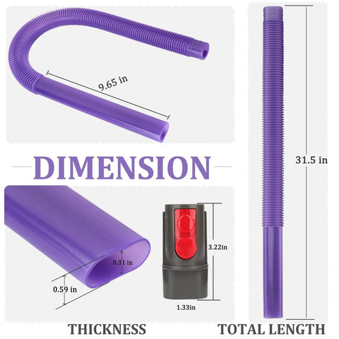 Must Have Dryer Vent Vacuum Attachments Kit dimensions showing flexible hose and crevice nozzle for Dyson handheld vacuums