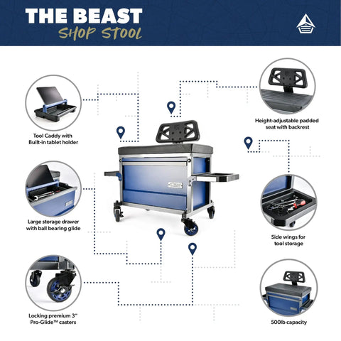 Beast Heavy Duty Shop Stool With Backrest, 500 lb capacity rolling garage stool with tool storage and 360 degree wheels